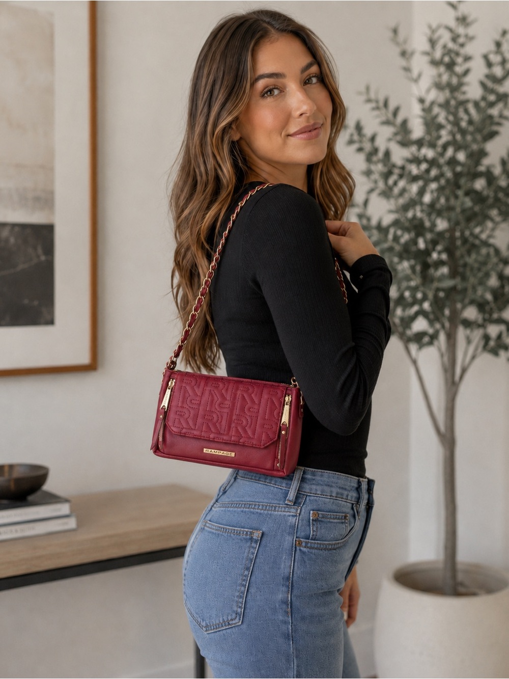Rampage Burgundy Gold Chain Shoulder Crossbody Bag